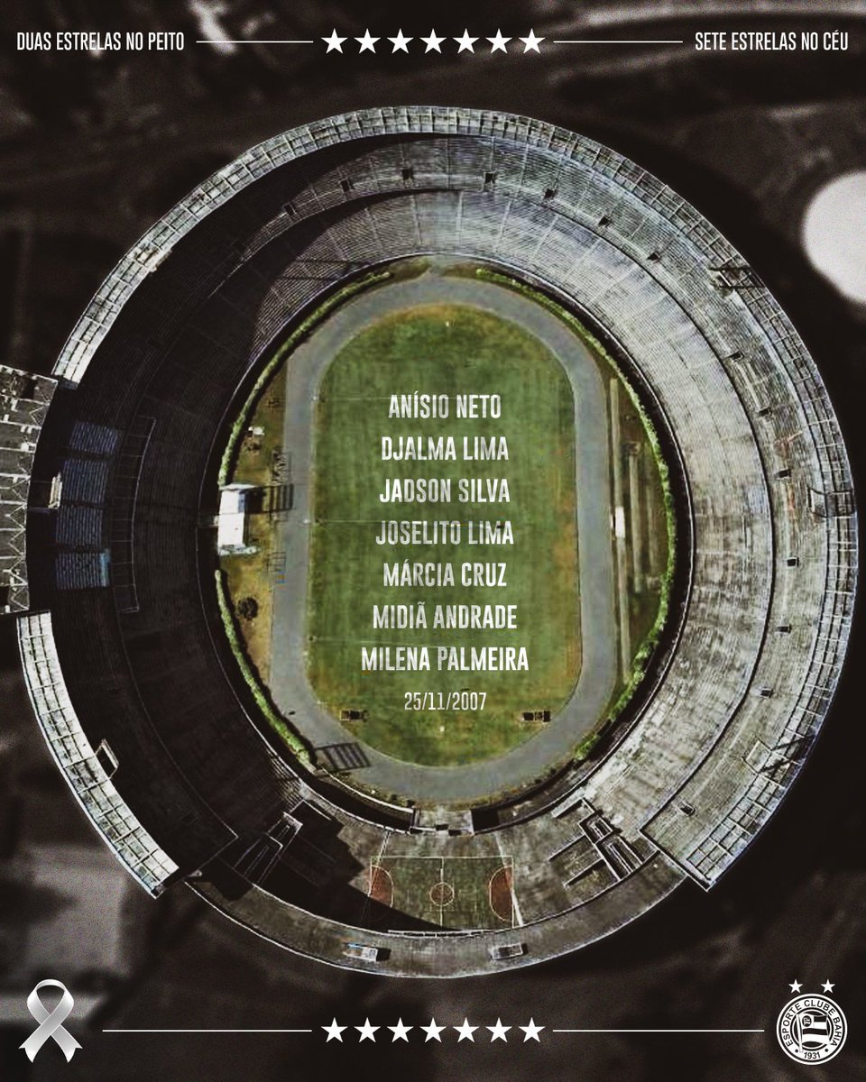 ecbahia's tweet image. 💫 Mais um 25 de novembro.
E nunca vamos esquecer.

Desde 2007 temos 2 estrelas no peito e 7 brilhando no céu.

Anísio, Djalma, Jadson, Joselito, Márcia, Midiã, Milena. 

Os sete irmãos tricolores estão eternizados em homenagens no #MuseuDoBahia e no CT Evaristo de Macedo. #BBMP