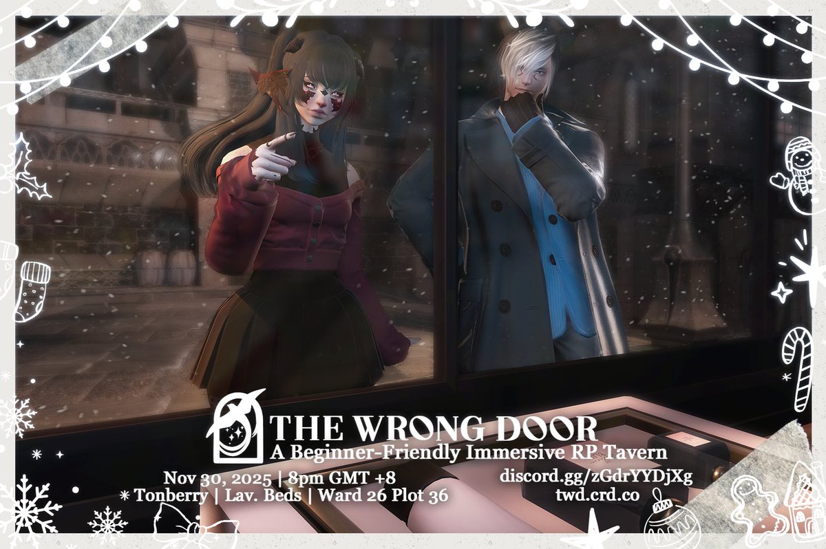 "Mmh... Perhaps this may be suitable...?"
Starlight Celebration begins at #WrongDoorXIV 🚪

Sunday, 30th November, 8 PM GMT+8 
Tonberry | Lavender Beds| Ward 26 - Plot 36
🩶Community: discord.gg/zGdrYYDjXg 
📖Bookings: tinyurl.com/WrongDoorXIV 
📌Carrd: twd.crd.co