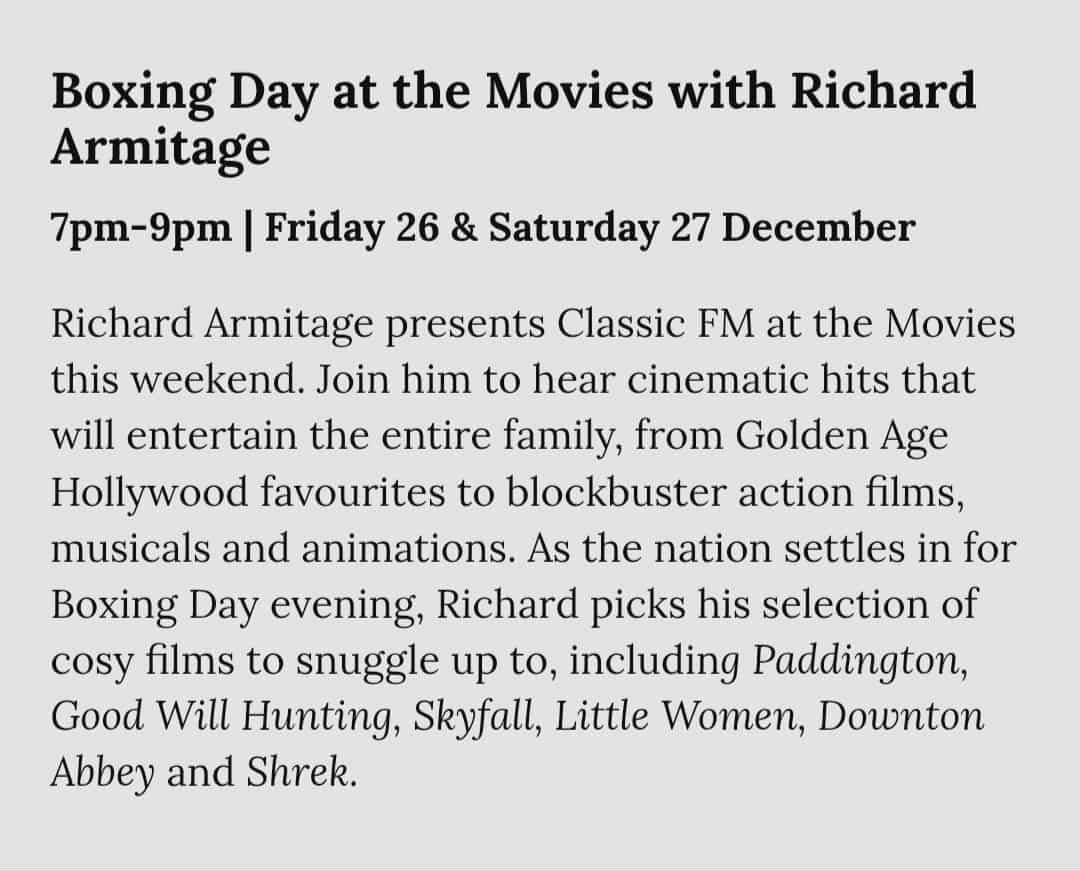 YAY! Another double appointment with #RichardArmitage on Classic FM! 🥳

classicfm.com/discover-music…