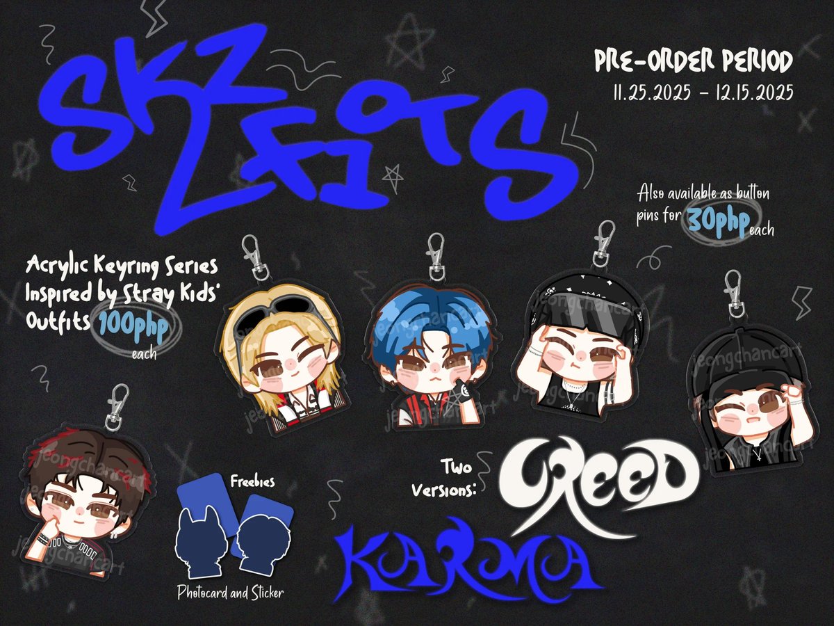 jeongchancart's tweet image. ᯓ★ 𝙎𝙆𝙕𝙁𝙄𝙏𝙎 ᯓ★
Acrylic Keyring Collection Inspired by Stray Kids&apos; Outfits

- 30-100 php ea
- Two Versions: Karma &amp;amp; Creed
- Special Gifts: First 5 buyers &amp;amp; every OT8 Keyring purchase

🔗: tinyurl.com/SKZFITS

🏷 wts lfb skz ph customized do it album pc photocard