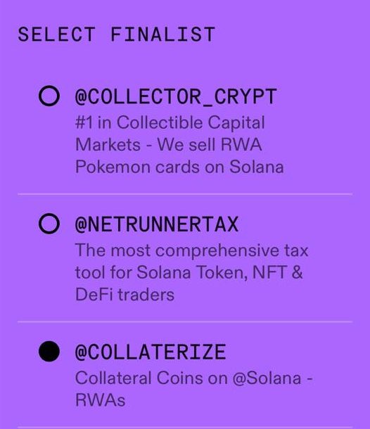 collaterize's tweet image. Together we’re stronger. 🏆

@Collaterize is a finalist for Rising Star (Consumer App) of 2025 on @Solana.

Vote here: solana.com/breakpoint/awa…