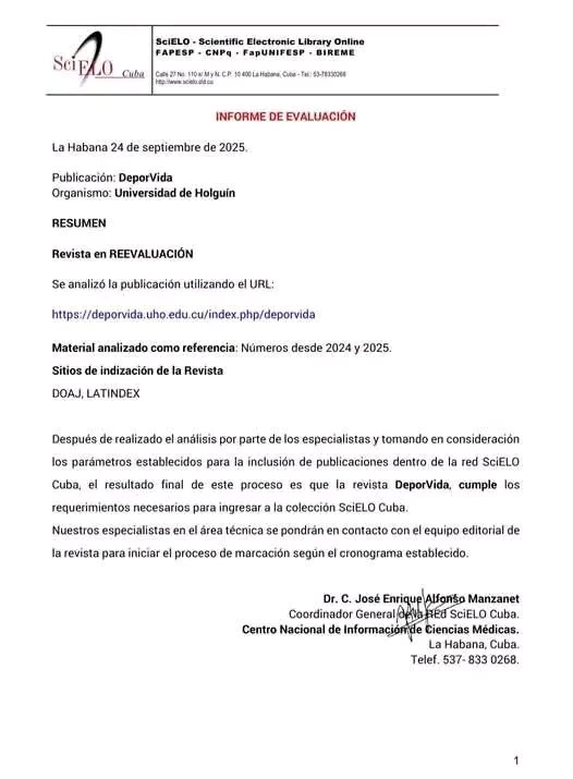 La Revista DeporVida de la <a href="/univholguinera/">UniversidadHolguin</a> ya se encuentra ubicada en SciELO, ahora con mayor visibilidad.Muchas felicidades a todos por este importante logro.
<a href="/CubaMES/">MES</a> <a href="/JvelabVela/">jessica vela batista</a> <a href="/WalterBG_MES/">Walter Baluja García</a> <a href="/Marisol_PerezC/">Marisol Pérez Campaña</a> <a href="/LERuizM/">Luis Ernesto UHo 🇨🇺</a>