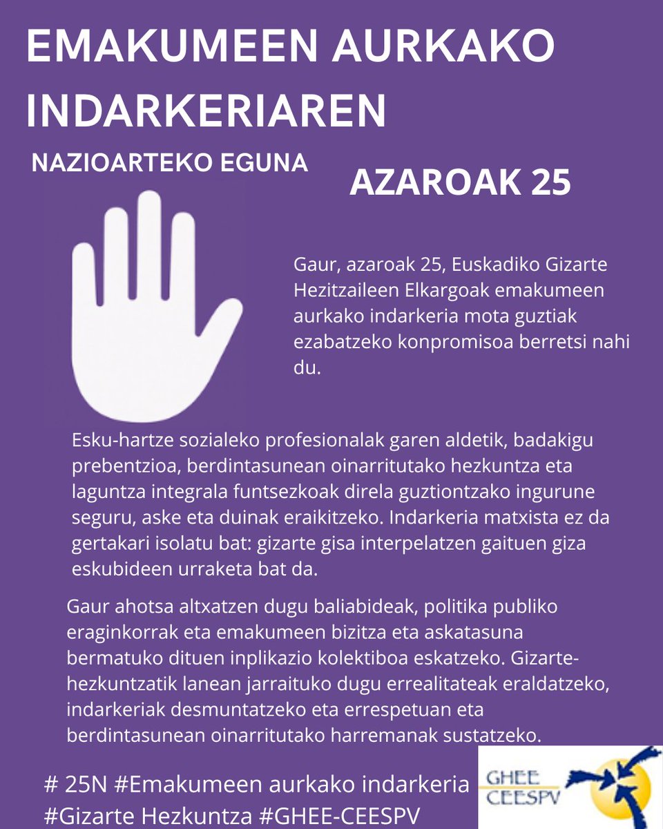 CEESPV's tweet image. Azaroaren 25eko honetan, emakumeenganako indarkeria mota guztien aurka ahotsa altxatzen dugu.
Gizarte-hezitzaile garen aldetik, berdintasunarekin, laguntzarekin eta ingurune seguruak eraikitzearekin dugun konpromisoa berresten dugu.
 Errealitateak eraldatzen jarraitzen dugu.