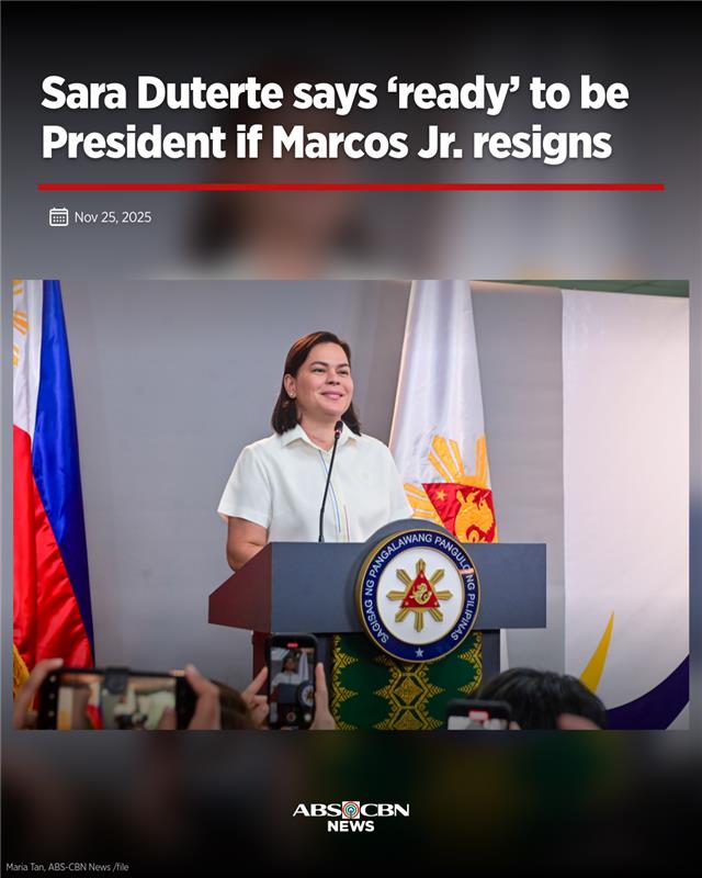 ABSCBNNews's tweet image. Vice President Sara Duterte said she is prepared to succeed President Ferdinand Marcos, Jr. should he step down from his post amid issues on government corruption.

&quot;Pinresenta ko sa inyo, tumakbo ako bilang vice president. Alam ko na first in line ako sa succession... Yun ang…
