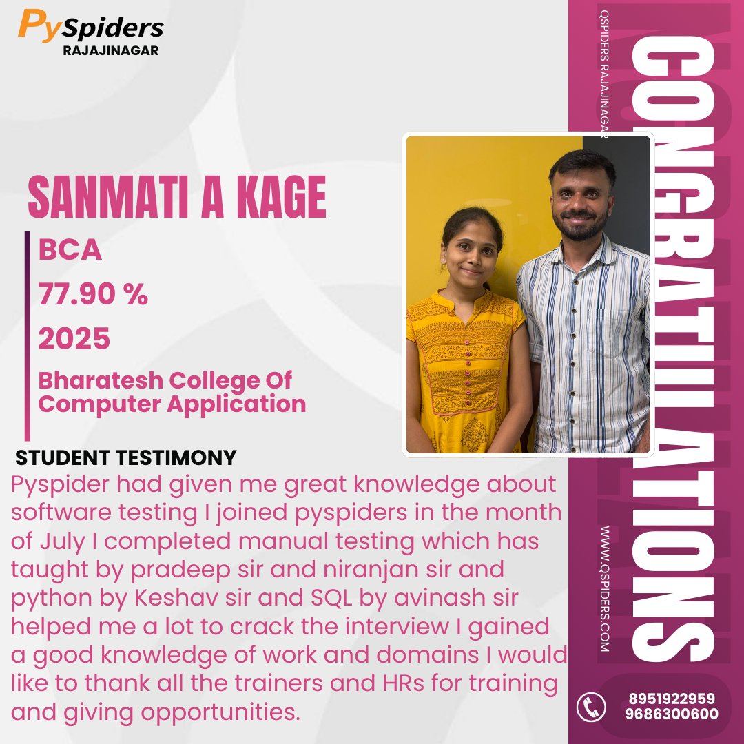 QRajajinagar's tweet image. Celebrating success! 🎉
Sanmati A Kage cracks her IT journey with dedication, consistency, and the right training at PySpiders Rajajinagar 💛

#pyspiders #qspiders #pyspidersrajajinagar #placement #successstory #studenttestimony #softwaretesting #pythontraining #sqltraining