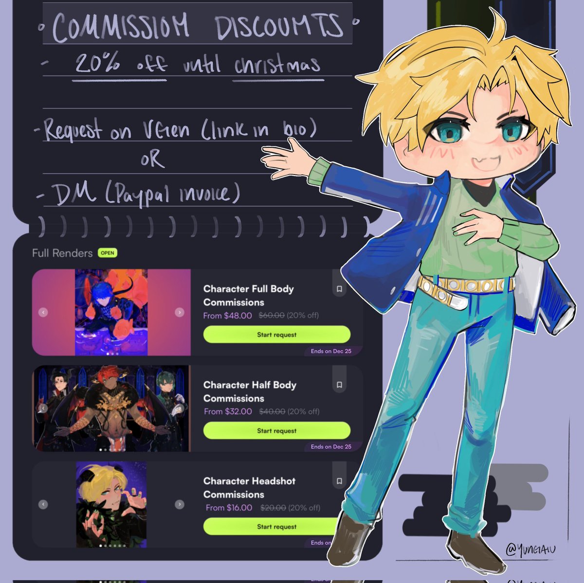 comm discounts!!
until christmas, all full render requests are 20% off as a lil gift from me 🫶 (not including chibis)

drew a lil satan to join the fun 🤏

#commissions