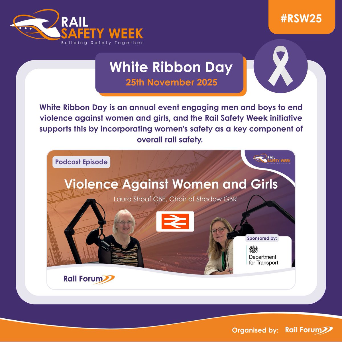 RailSafetyWeek's tweet image. Today is White Ribbon Day 🎗️ — a call for men &amp;amp; boys to help end violence against women &amp;amp; girls.

Rail Safety Week is spotlighting a powerful Rail Forum Podcast with Elaine Clark OBE &amp;amp; Laura Shoaf CBE on VAWG and how our industry can drive change.

🎧railforum.uk/podcast/