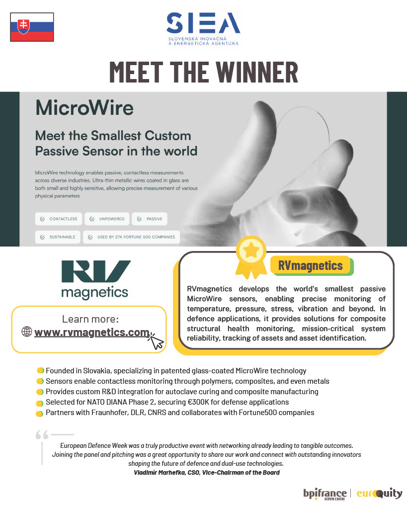 RVmagnetics's tweet image. 🚀 Excited to share that @RVmagnetics was selected by the #Bpifrance Equity jury among the top pitches at #EuropeanDefenceWeek!
Representing 🇸🇰 with our #MicroWire-based ultra-small passive #sensors.
Thanks to #SIEA for supporting our participation!
#DefenceTech #DualUSe