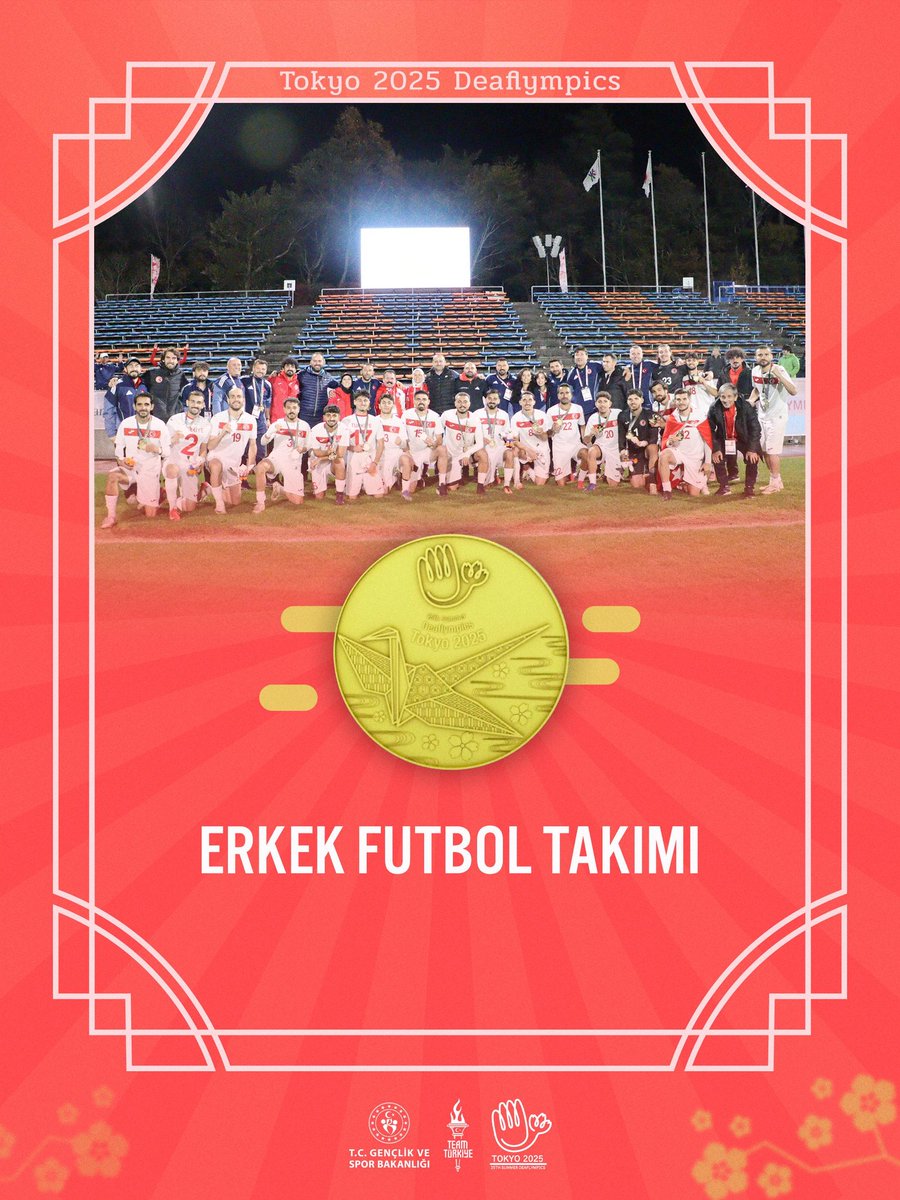 🥇Altın madalya bizim!

⚽Tokyo 2025 Deaflympics'te ülkemizi temsil eden işitme engelliler erkek futbol takımımız, finalde ev sahibi ülke Japonya'yı 2-1 yenerek altın madalya kazandı. 🇹🇷👏🏻