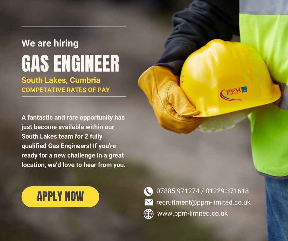 We're Hiring

PPM Ltd is looking for 2 Fully Qualified Gas Engineers to join our team!
✅ Competitive Pay &amp; Benefits
✅ Be part of a trusted property maintenance company
📍 South Lakes
👉  ppm-limited.co.uk/about-us/vacan…

#GasEngineerJobs #cumbriajobs #Hiring #SouthLakes