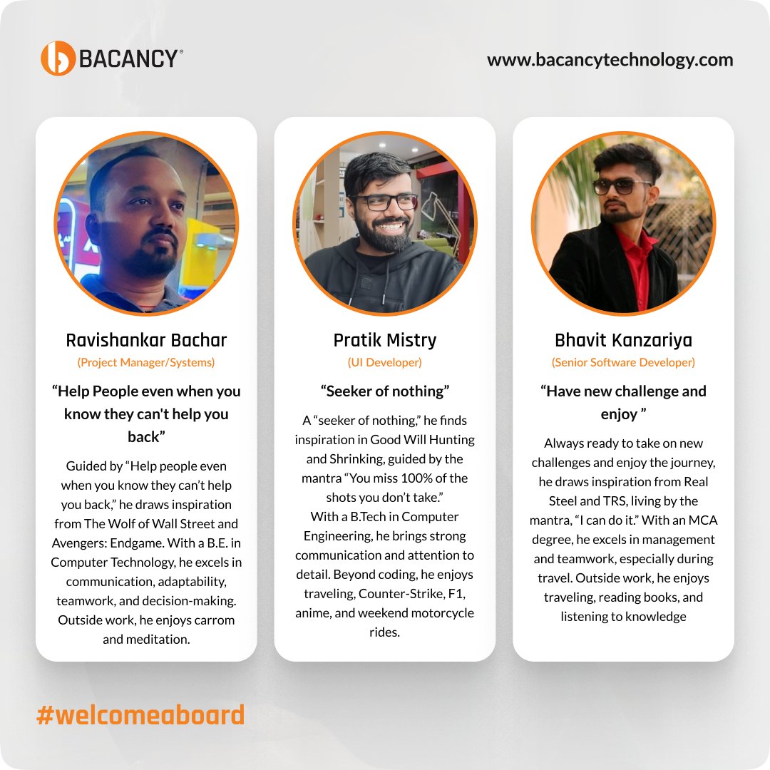 BacancyTech's tweet image. Thrilled to welcome new talent to Team Bacancy!

Parth, Keval, Himanshu, Ravishankar, Pratik &amp;amp; Bhavit, your skills and energy make our team stronger.

Here’s to creating, growing &amp;amp; winning together. 
#WelcomeToBacancy #TeamBacancy #LifeAtBacancy #TogetherWeSucceed #CONNECT