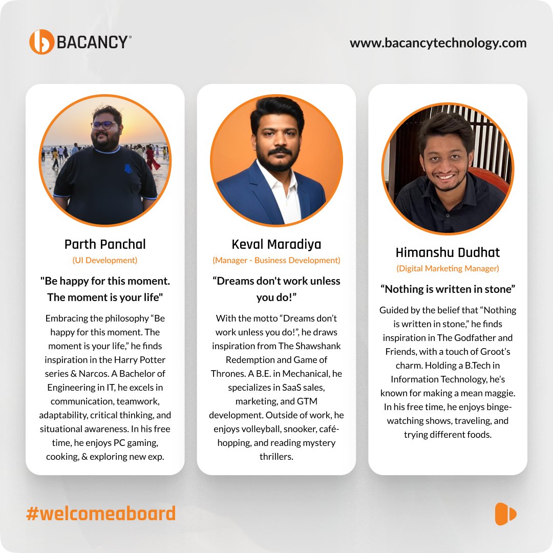 BacancyTech's tweet image. Thrilled to welcome new talent to Team Bacancy!

Parth, Keval, Himanshu, Ravishankar, Pratik &amp;amp; Bhavit, your skills and energy make our team stronger.

Here’s to creating, growing &amp;amp; winning together. 
#WelcomeToBacancy #TeamBacancy #LifeAtBacancy #TogetherWeSucceed #CONNECT