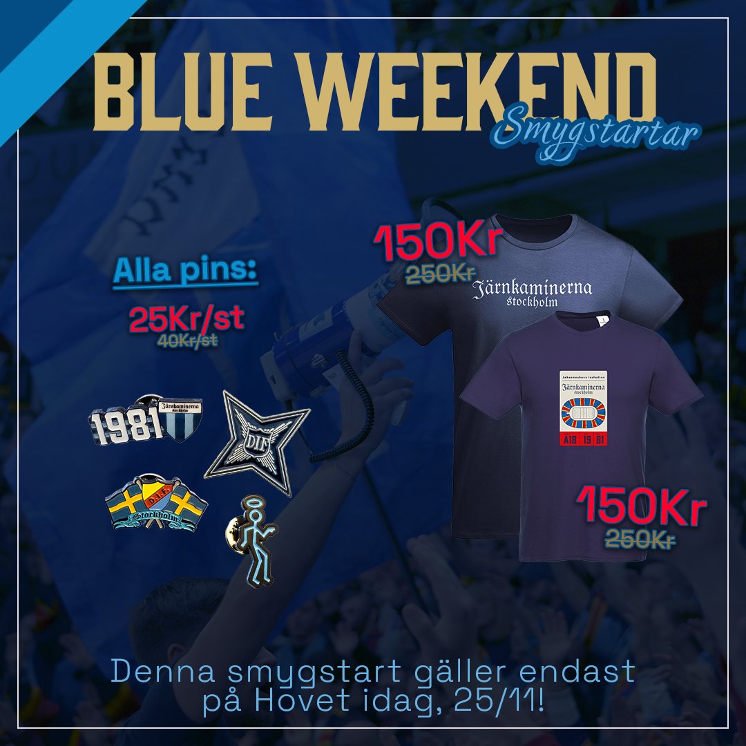 I helgen är det Blue Weekend i webshopen men vi smygstartar redan på Hovet ikväll med reapris på utvalda t-shirts och alla pins! Vi finns i souvenirbåset utanför A18, öppet från cirka 18.00 och i pauserna! Kort, Swish och kontanter gäller!