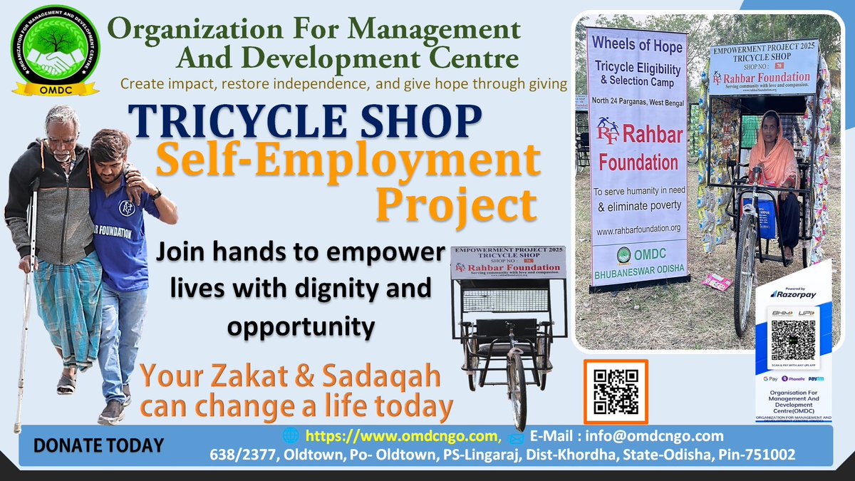 FoundationOmdc's tweet image. In 2025, OMDC, in collaboration with Rahbar Foundation, launched the Tricycle Shop Initiative to restore dignity, mobility, and independence for physically challenged individuals in West Bengal. Through this joint effort, 100 beneficiaries were provided