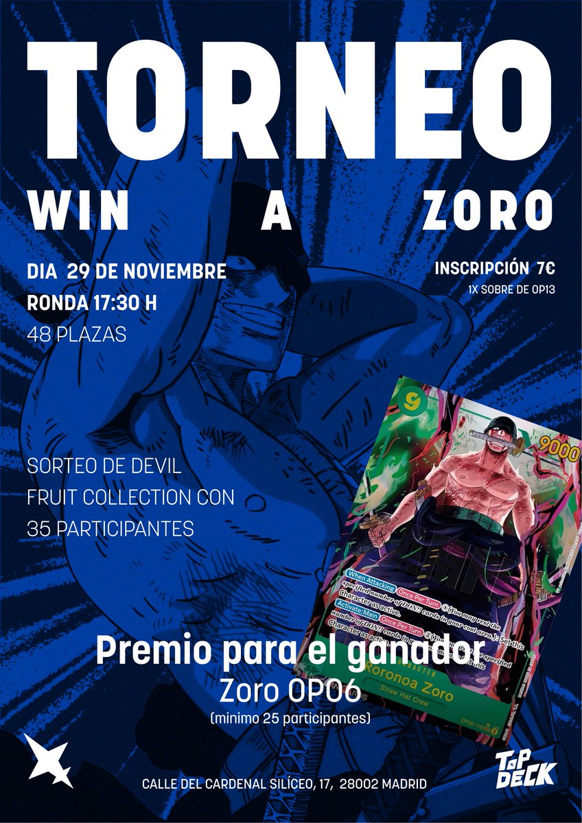 ‼️Especial Win a Zoro este sábado‼️

Preparar vuestros mazo que el zoro puede ser vuestro💙

Para inscribirse uniros a nuestra comunidad en el link de la biografía y apuntaros en la lista