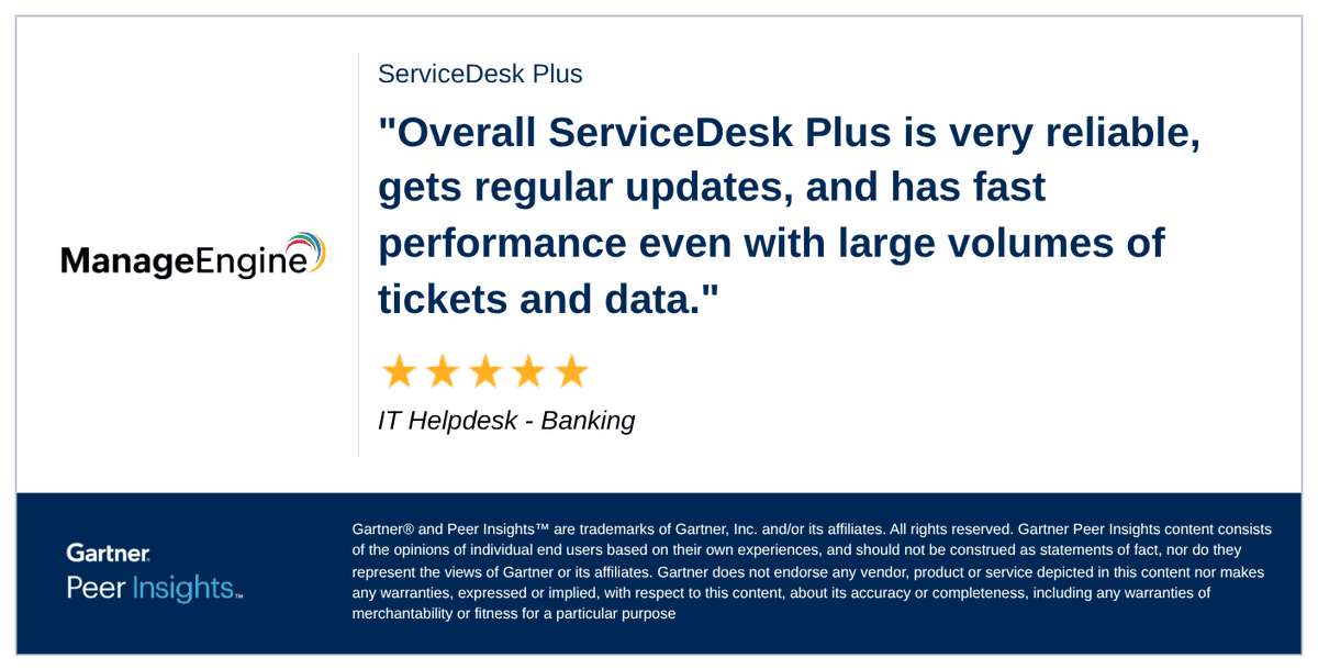 ME_ITSM's tweet image. IT Helpdesk in the Banking Industry gives ServiceDesk Plus 5/5 Rating in Gartner Peer Insights™ IT Service Management Platforms Market.
Read the full review here: gtnr.io/6gy9ACxjR
#gartnerpeerinsights #ITSM #ManageEngine