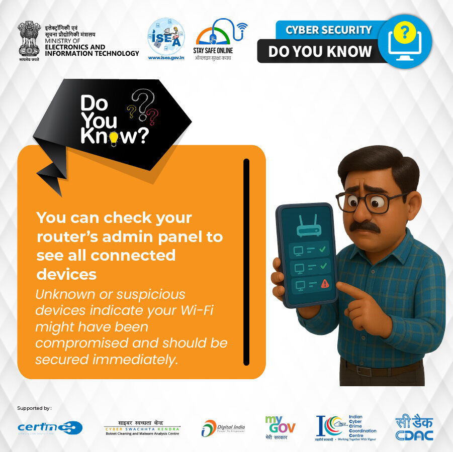 SSOIndia's tweet image. #DoYouKnow
&quot;Ever wondered who’s connected to your Wi-Fi? Checking your router’s admin panel can reveal unknown devices and help you secure your network before risks grow.&quot;

#CyberAwareness #WiFiSecurity #DigitalSafety #OnlineProtection #CyberHygiene #StaySafeOnline…