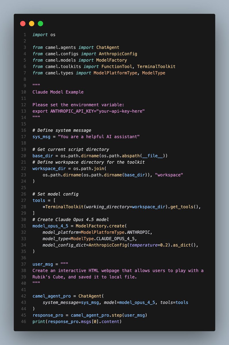 CamelAIOrg's tweet photo. 🐫 Feature Update: CAMEL-AI Now Supports @claudeai  Opus 4.5 Model

Key Features: 
- World-Leading Software Engineering Performance: Claude Opus 4.5 achieves state-of-the-art results on real-world software engineering benchmarks, excelling in complex code generation, multi-system debugging, and autonomous agent workflows with superior reasoning capabilities that handle ambiguity and tradeoffs without requiring detailed guidance.

- Enhanced Research and Analysis Capabilities: Significantly improved performance in deep research tasks, document processing (slides, spreadsheets, structured data), and complex problem-solving scenarios, providing more nuanced and context-aware responses for sophisticated multi-agent system development.

- Industry-Leading Benchmark Performance: Achieves top-tier results across critical benchmarks including agentic coding (SWE-bench Verified 80.9%), agentic terminal coding (Terminal-bench 2.0 59.3%), agentic tool use (t2-bench Retail 88.9%, Telecom 98.2%), scaled tool use (MCP Atlas 62.3%), computer use (OSWorld 66.3%), novel problem solving (ARC-AGI-2 37.6%), graduate-level reasoning (GPQA Diamond 87.0%), visual reasoning (MMMU 80.7%), and multilingual Q&A (MMMLU 90.8%), outperforming comparable models across diverse evaluation metrics.

This integration expands CAMEL-AI's model ecosystem with Anthropic's most capable model, providing developers with cutting-edge AI capabilities for building sophisticated autonomous agents and complex software engineering applications.

By leveraging Claude Opus 4.5, we enabled the CAMEL Agents to autonomously build and store an interactive Rubik’s Cube webpage locally.