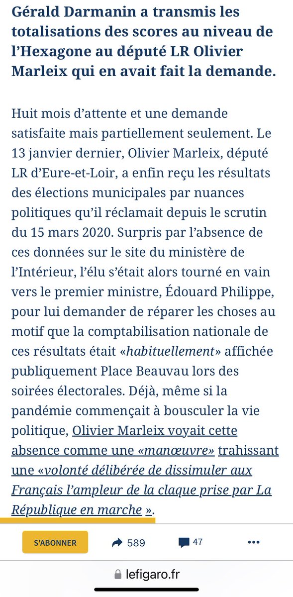 ❓Municipales 2020: Le saviez-vous ? 

Feu Olivier Marleix (LR) a réclamé des mois durant à Darmanin les résultats par parti, non publiés alors que la loi l’exige, dénonçant la volonté de cacher l’ampleur de l’échec de LREM (2.2%) … 

Il lui a fallu 8 mois pour les obtenir !👇👇