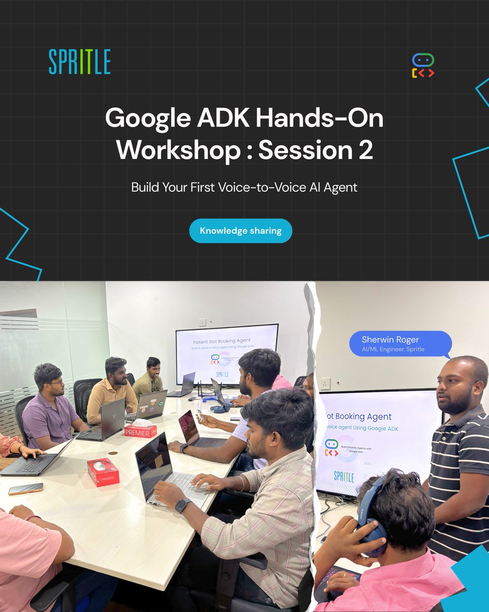 spritlesoftware's tweet image. 🌟 Google ADK Hands-On Workshop – Session 2 at Spritle! 🌟

A super-engaging, practical session — exactly how we learn at Spritle! 🚀

#SpritleSoftware #GoogleADK #AIAgents #KnowledgeSharing #DeveloperWorkshop #SpritleCulture