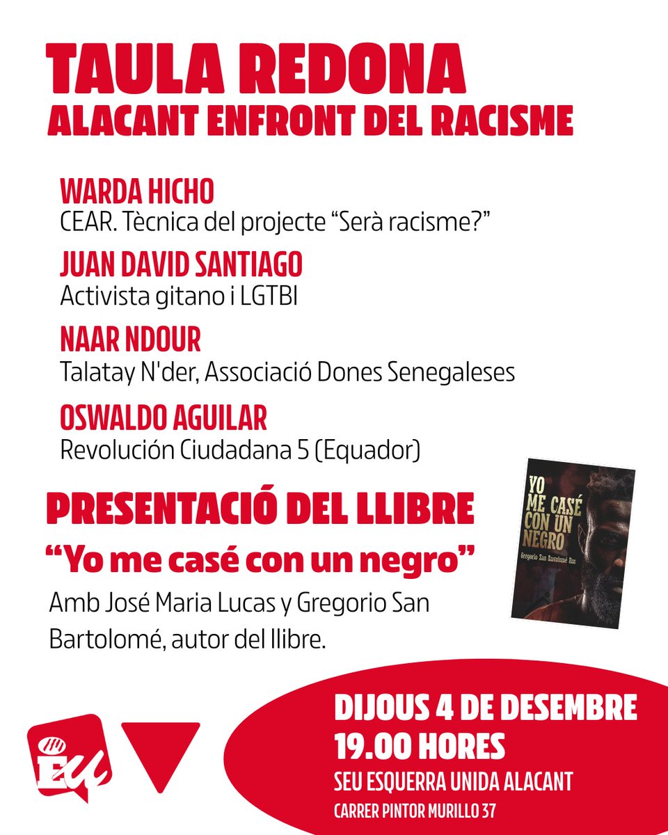 4 de diciembre a las 19h nos juntamos para hablar claro: Alicante frente al racismo ✊🏾✨

🌍 WardaHicho: CEAR, projecte “Serà racisme?”
🎤 JuanDavidSantiago: activista gitano y LGTBI
👩🏾‍🦱 NaarNdour: Associació Dones Senegaleses
🌎 OswaldoAguilar: Revolución Ciudadana 5 – Ecuador