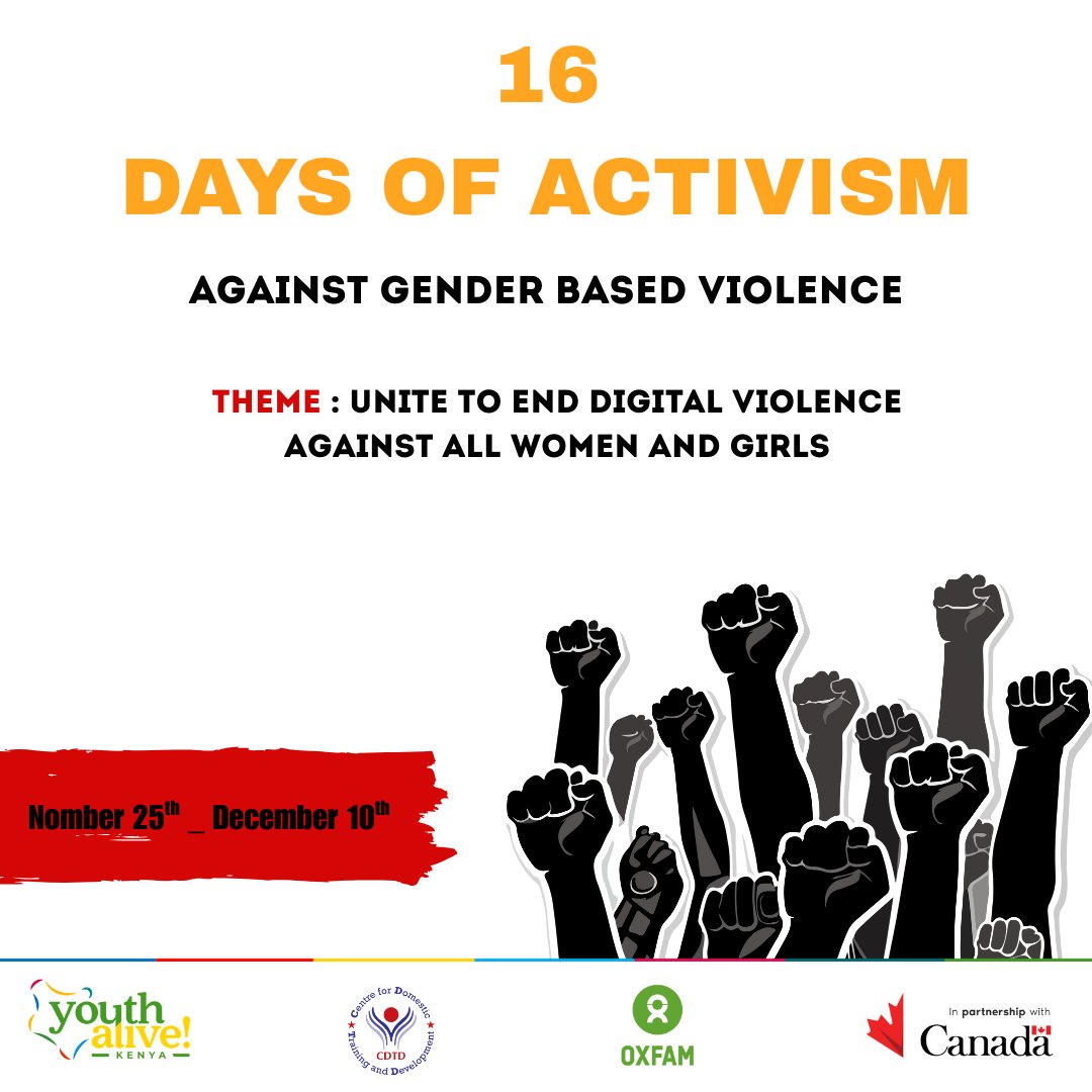 YouthAliveKe's tweet photo. As the 16 Days of Activism begin, we stand united under the theme: “UNiTE to End Digital Violence against All Women and Girls.”

Digital violence ranging from online harassment, cyberstalking, and non-consensual sharing of images is a reality that millions of women and girls face every day. It silences voices, restricts expression, and infringes on the right to safely access digital spaces.

Today, we kick off this campaign to raise awareness, demand accountability, and inspire action. Everyone has a role to play as allies, advocates, and active participants in creating safer digital spaces.

📢 Join us as we highlight stories, share resources, and amplify the voices of women and girls affected by online abuse. Let’s work together to build a digital world free from fear, harassment, and discrimination.

#16DaysOfActivism #TimeToCare

@oxfamkenya @OxfamCanada @GAC_Corporate @CDTD
