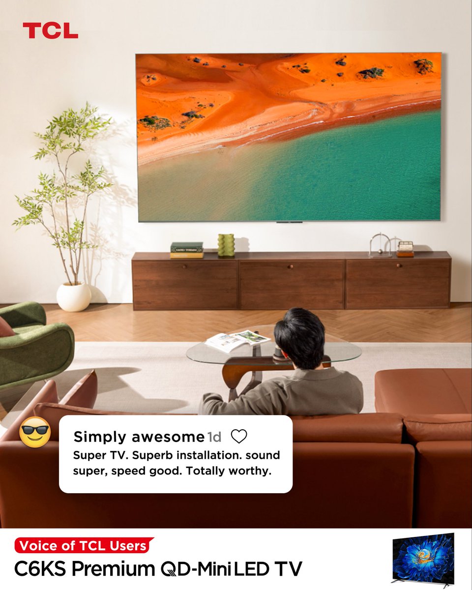 tcl_india's tweet photo. From delivery to dazzling performance, TCL makes the process awesome.
The TCL C6KS Premium QD-Mini LED TV delivers peace of mind and stunning quality, confirmed by the Voice of TCL Users.
#TCL #PremiumUpgrade #QDMiniLED #SeamlessInstallation #CustomerConfidence https://t.co/mz1ld9orym
