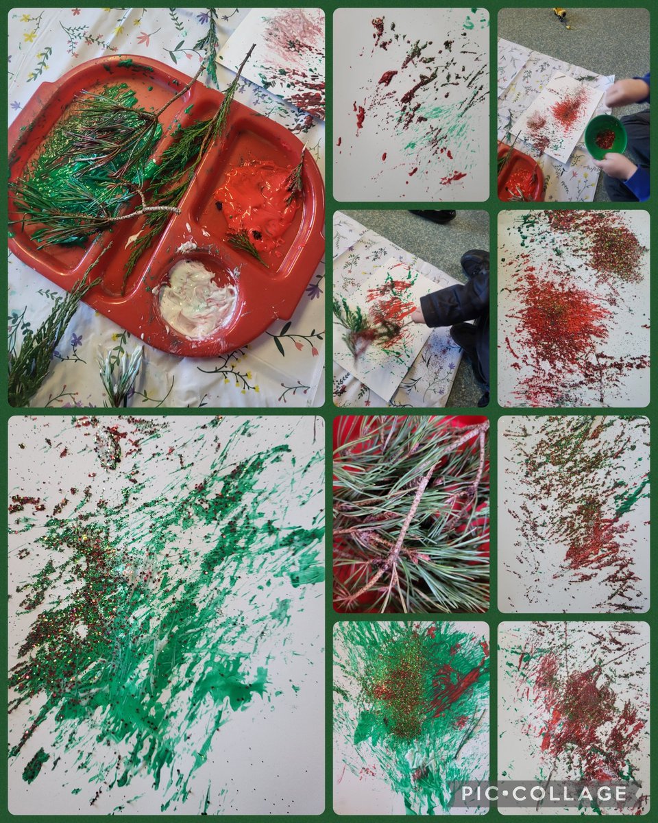 Fabulous Festive paintings using fir branches to apply our  paint in Nursery <a href="/YsgolDerwenfa/">Ysgol Derwenfa</a>