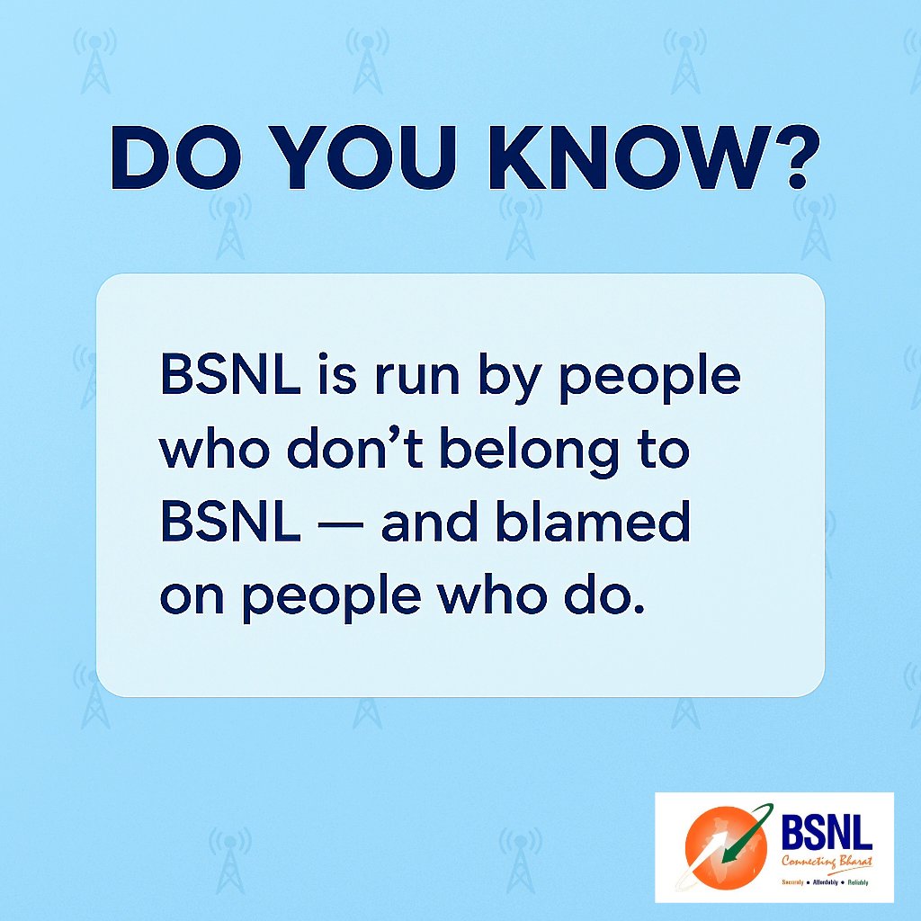 BSNLEmployees's tweet image. Do you know? Almost all GMs, PGMs, CGMs — even the CMD — are officers on deputation from @DoT_India, not BSNL-recruited employees. And yet @BSNLCorporate staff get blamed for decisions they never make. #BSNL