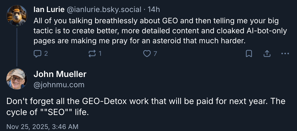 rustybrick's tweet photo. Google's @JohnMu jokes how GEO-Detox will be future billable SEO work https://t.co/vIf8McUEk2 https://t.co/IL2oBx4XTK