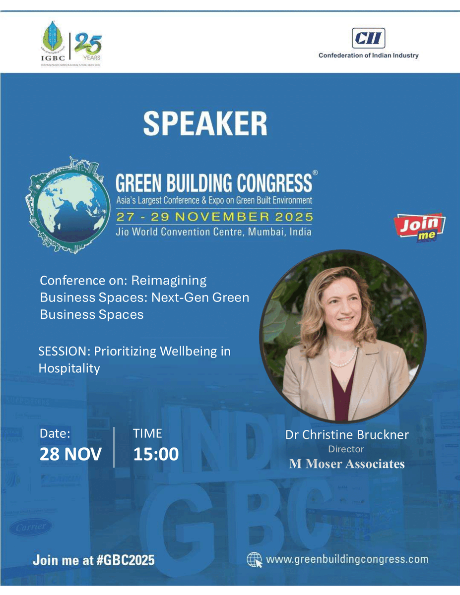 IGBConline's tweet photo. Dr. Christine Bruckner at #GBC2025
Director, @mmoserassociate
28 Nov 2025 | 3:00 PM
Jio World Convention Centre, Mumbai 30+ years of global expertise in WELL, wellness-driven, sustainable hospitality design
Register: https://t.co/RacXt7aGgc
#GBC2025 #IGBC #WELLDesign https://t.co/3L3T5AU7s2