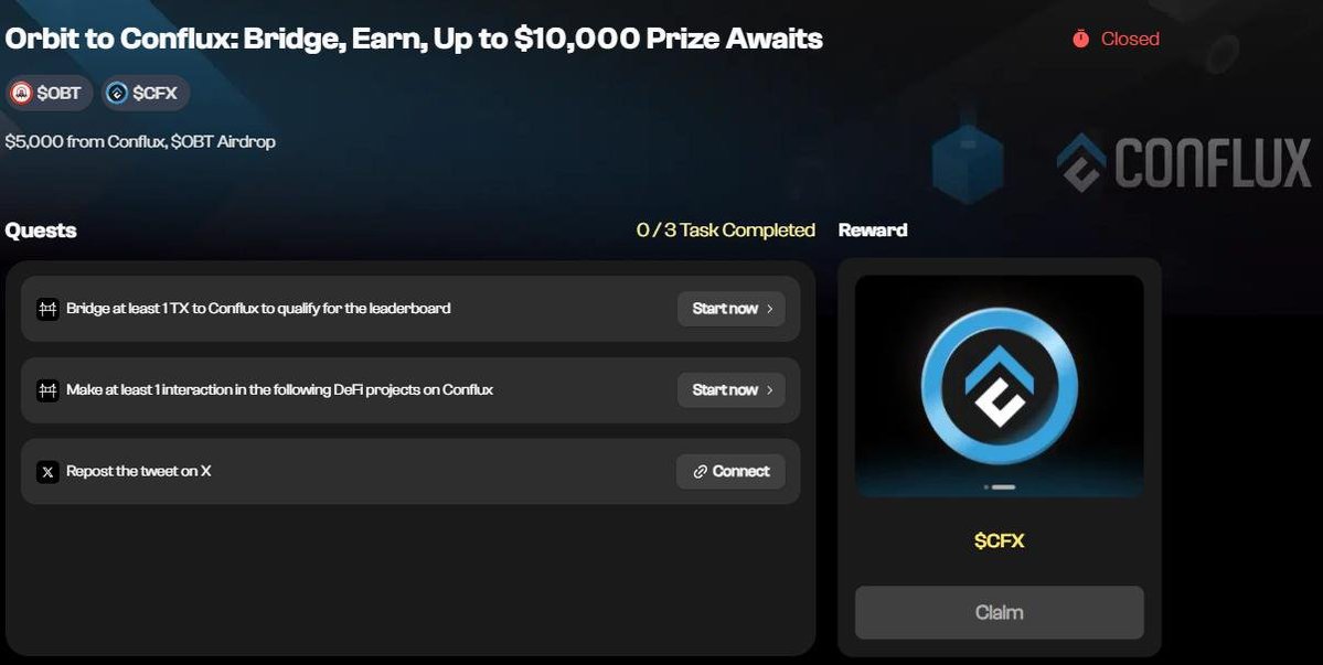 Conflux_ID's tweet image. Reward untuk kampanye Orbiter to Conflux: Bridge, Earn, Win kini sudah tersedia!

Jika sebelumnya kamu melakukan bridge ke Conflux, berinteraksi dengan DeFi, dan berhasil masuk ke leaderboard, sekarang kamu sudah bisa klaim rewards.

Klaim di sini: orbiter.finance/quest/56