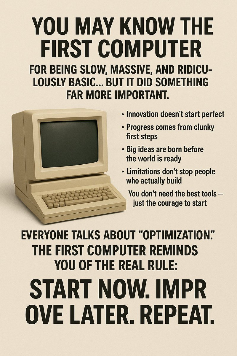 Provaantech's tweet image. Stop overthinking. The first computer wasn’t fast — it shipped. Progress comes from messy drafts, rough versions, the stuff that looks bad. Start now. Fix later. Keep moving. Execution &amp;gt; excuses.

provaantech.com
#StartNow #KeepBuilding #ExecutionOverExcuses #Building