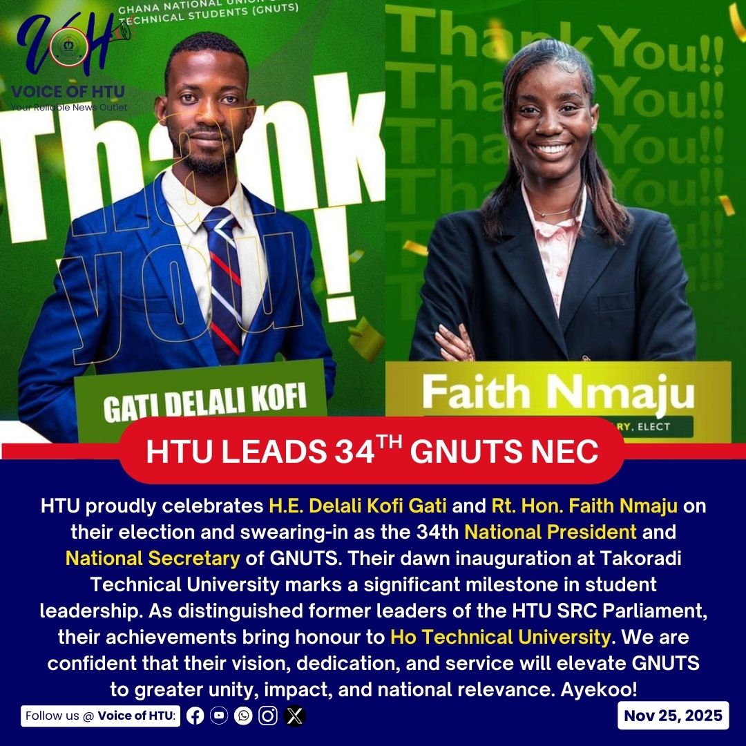 voiceofhtu's tweet photo. HTU LEADS 34TH GNUTS NEC

HTU proudly celebrates H.E. Delali Kofi Gati and Rt. Hon. Faith Nmaju on their election and swearing-in as the 34th National President and National Secretary of the Ghana National Union of Technical Students (GNUTS). https://t.co/5KlA3fmfyc