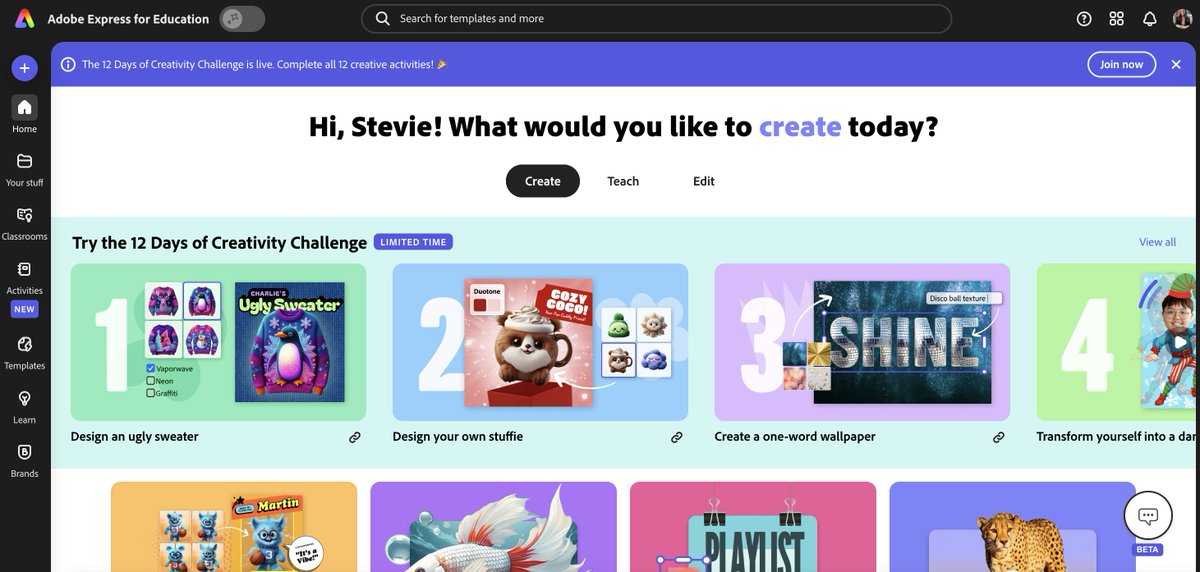 steviefrank23's tweet image. It's LIVE!! 🥳

The 12 days of creativity within @AdobeExpress is live and ready for students to dive in! Can't wait to see who all posts how their learners' imaginations ran wild! #AdobeEDUCreative #12DaysofCreativity