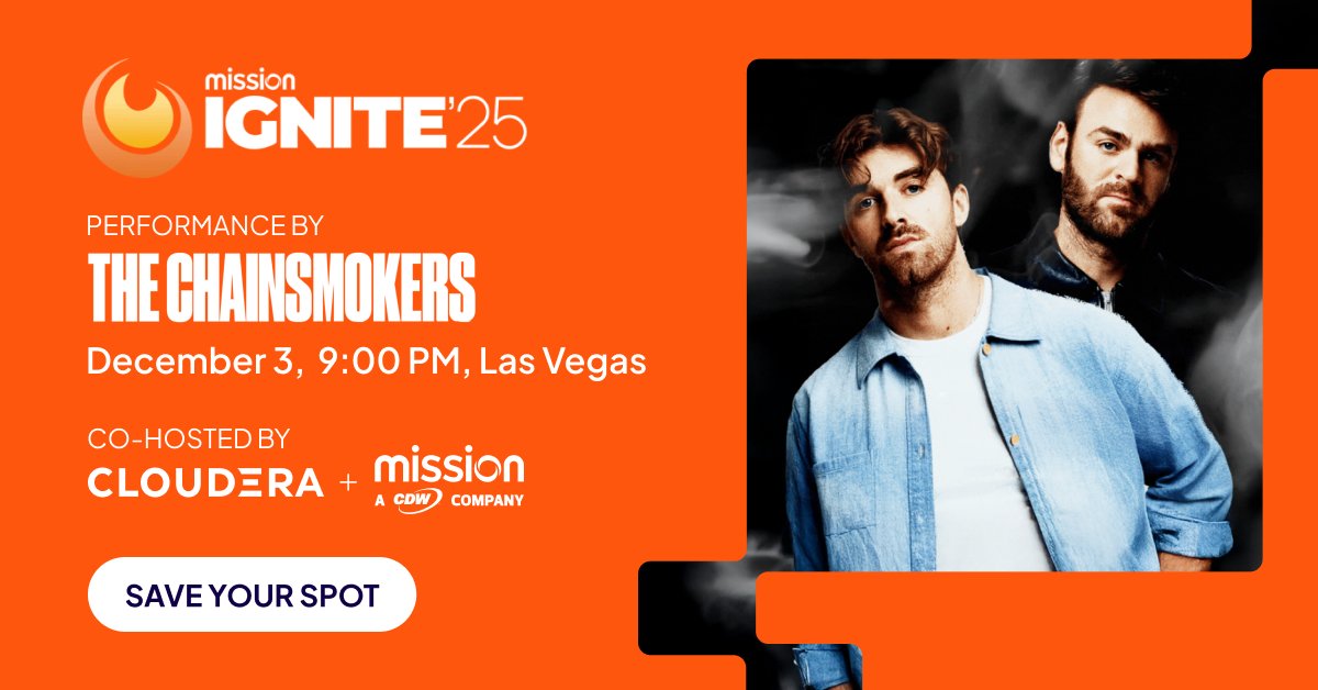 cloudera's tweet image. As they say, what happens in Vegas… We’re teaming up with @MissionCloud and CDW for Mission IGNITE25 after #AWSreInvent. The Chainsmokers will be there for the must-attend after party… will you? Spots are limited, so register now: bit.ly/3LGUzGZ