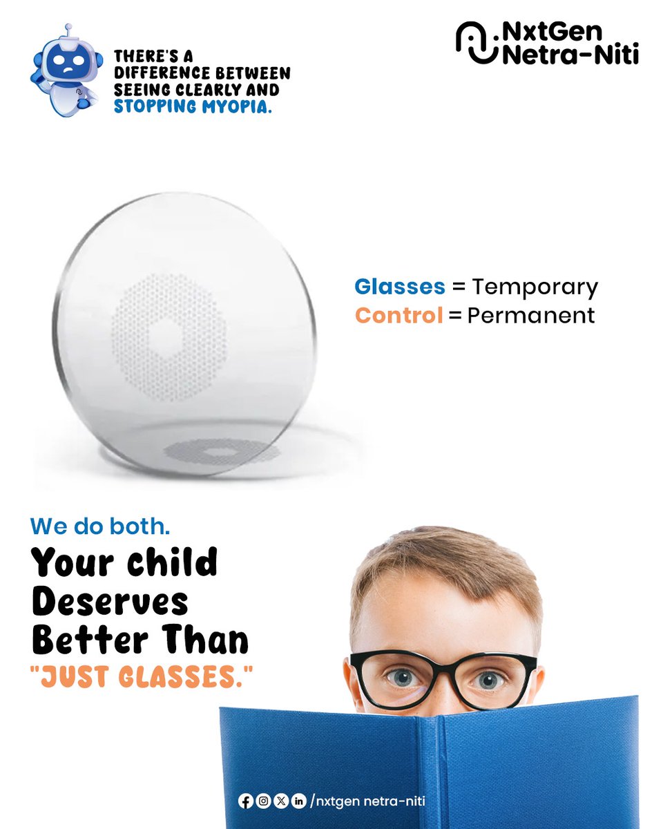 NxtGenNetraNiti's tweet image. 👓 Seeing clearly isn’t the same as stopping myopia. Glasses help your child see—but they don’t slow progression.

At NxtGen Netra-Niti, we offer real Myopia Control for long-term eye protection.
🌐 netraniti.com | 📩 info@netraniti.com

#MyopiaControl #ChildEyeCare