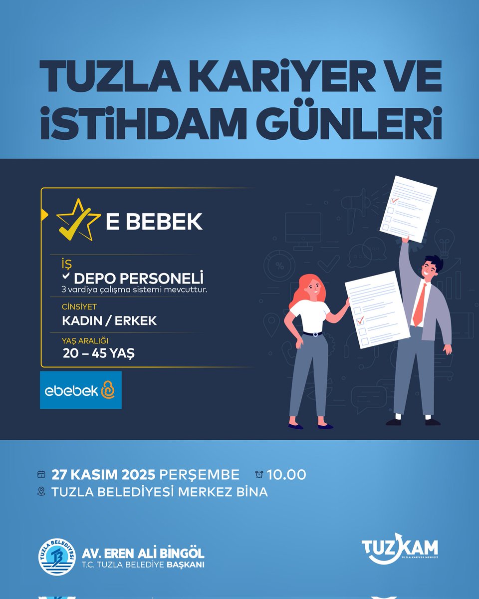 Tuzla Kariyer ve İstihdam Günleri devam ediyor! 

Tuzla Belediyesi Kariyer ve İstihdam Merkezimizin düzenlediği ve E BEBEK firmasının katılımıyla gerçekleşecek olan toplu iş görüşmesine tüm komşularımızı bekliyoruz.

🗓️27 Kasım Perşembe
⏰10.00
📍Tuzla Belediyesi Merkez Bina