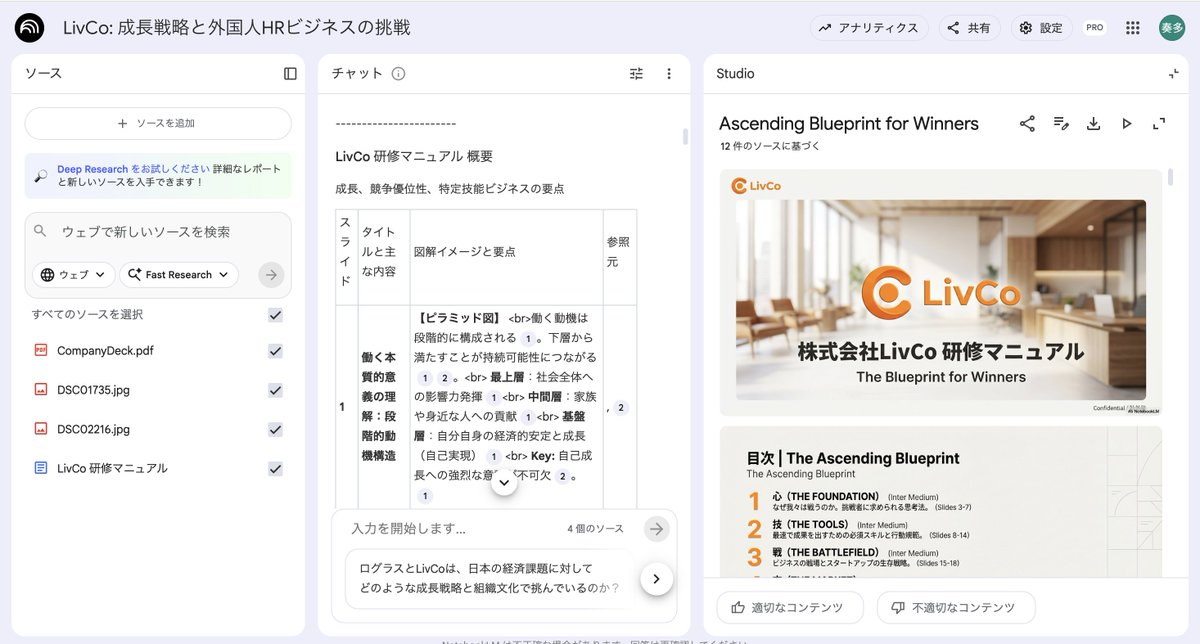 sota_okoba's tweet image. NotebooklmにgoogleドキュメントのURL貼りつけて、
ページ数と最小文字フォントだけ伝えれば5分であっという間にスライド化
新入社員研修マニュアルも業務マニュアルも、一瞬でビジュアライズされる
ちなみに、インフォグラフィックと動画解説も意外と使えます

#notebooklm #gemini