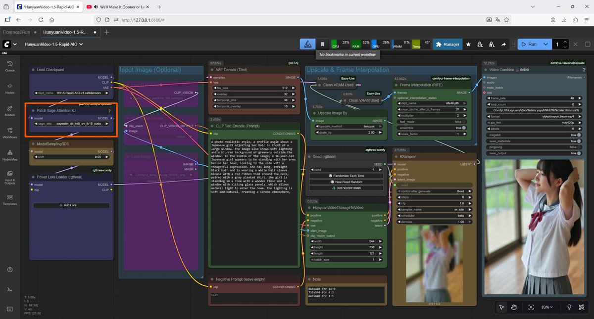 malariadx's tweet image. Love Will Find You part3
HunyuanVideo-1.5-Rapid-AIOをお試し、Sage Atention導入済で真っ黒動画の場合はPatch Sage Atention KJノードを追加すべし
huggingface.co/Phr00t/Hunyuan…
#AI動画 #AIart #ComfyUI