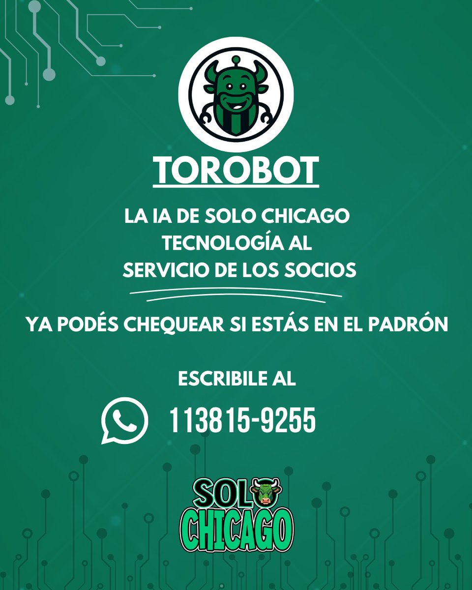 SoloChicago2025's tweet photo. Llegó 𝙏𝙊𝙍𝙊𝘽𝙊𝙏 ! 
🐂

Comenzamos a sumar tecnología para brindar un mejor servicio a los socios de Chicago. 💪🏻

📲 Mandale un WhatsApp a 𝗧𝗼𝗿𝗼𝗯𝗼𝘁 y chequeá si estás en el padrón, habilitado para votar, en menos de 10 segundos. 

Desde el 8 de diciembre vamos a incorporar esta nueva herramienta al club para responder a todas las consultas e inquietudes de los socios. 🤝

Un primer paso para mejorar la comunicación y empezar a erradicar el destrato que lamentablemente existe hoy en el club hacia los socios.

Sumate a esta nueva forma de gestión. 💚🖤