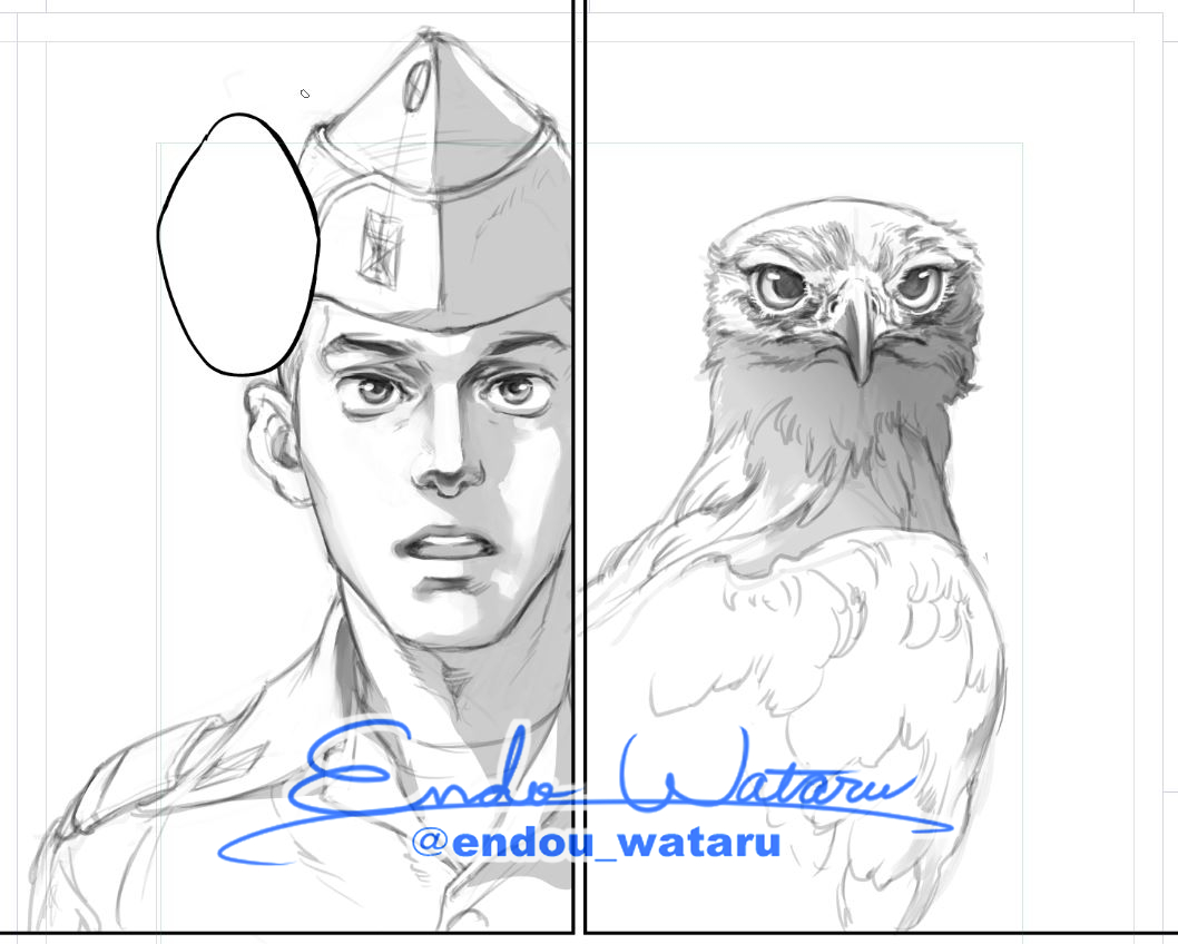 ［WIP］
現在制作中の作品の下描きより一部抜粋。あわよくばアナログでペン入れしたいので、かなり丁寧に下描きを描き進めています。猛禽を描くのは今回のお話で二度目ですが、もともと鳥が大好きなので正面顔描けるのがうれしい。