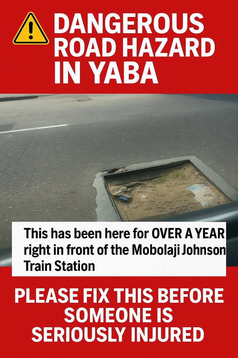 BoloRockit's tweet photo. 🚨 DANGEROUS ROAD HAZARD IN YABA 🚨
Opposite Mobolaji Johnson Train Station.
Has been like this for over a year.
Don’t wait till someone crashes here at night.

@followlasg @lagosmot1

#FixLagosRoads #Yaba https://t.co/v3KnKPY8pO