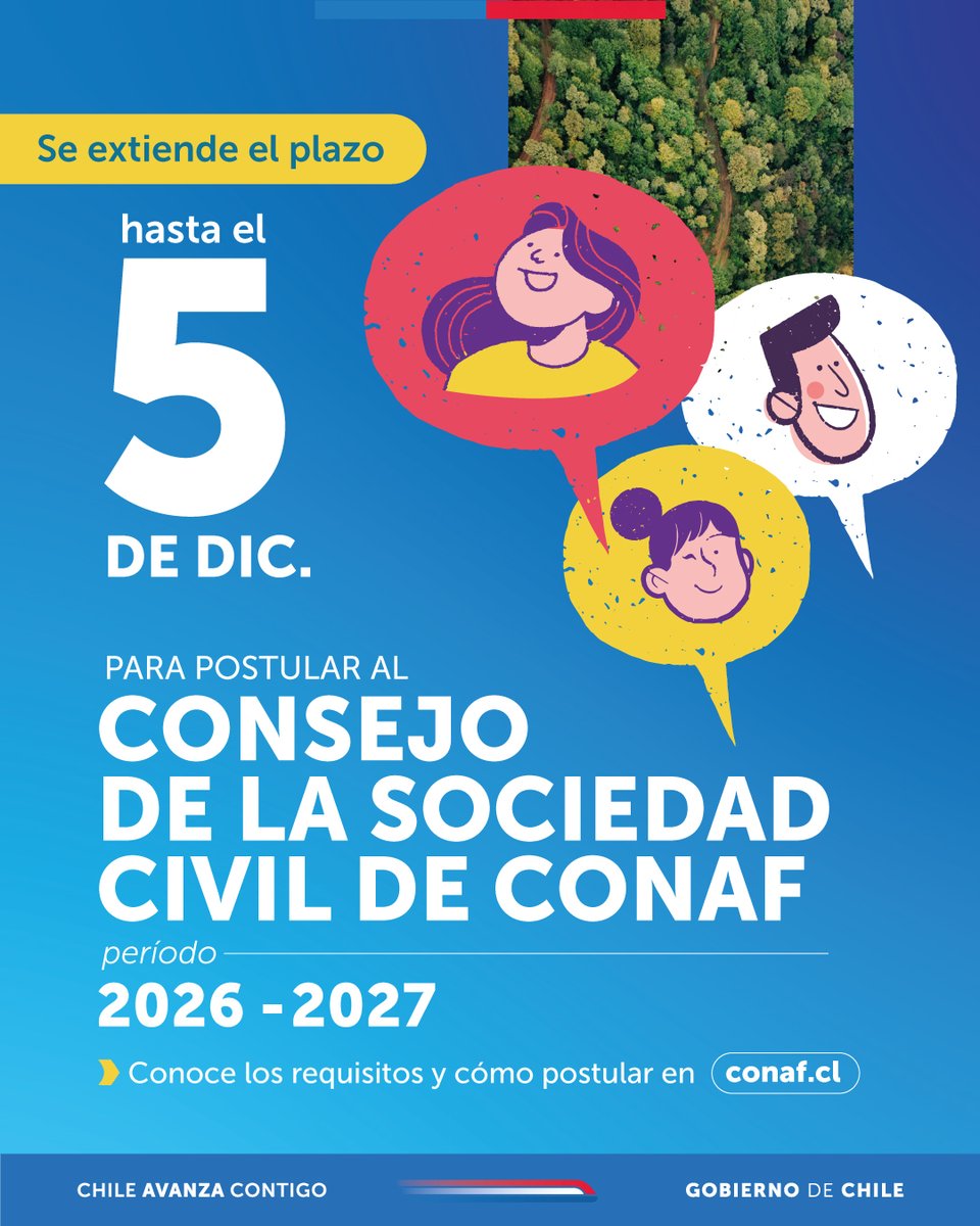 🔵#ParticipacionCiudadana | Hemos extendido el plazo de la convocatoria para la conformación del Consejo de la Sociedad Civil (COSOC) de #CONAF, para el período 2026-2027.

Así es, ahora tienes hasta el viernes 5 de diciembre para postular.

🧐¿Qué es el COSOC? Es una instancia