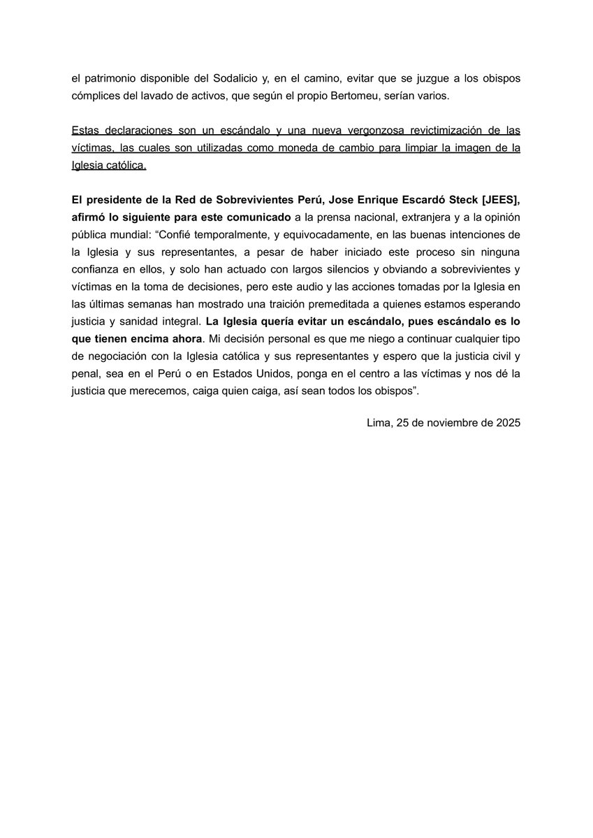 sobrevive_peru's tweet image. ESCÁNDALO: IGLESIA MANIOBRA CON EL SODALICIO PARA LIMPIARSE Y EVITAR JUZGAR A OBISPOS
El comisario para la supresión del Sodalicio, Jordi Bertomeu, negocia con un representante del Sodalicio de Vida Cristiana cómo limpiar a la Iglesia.
sobrevivientes.pe/2025/11/25/esc…