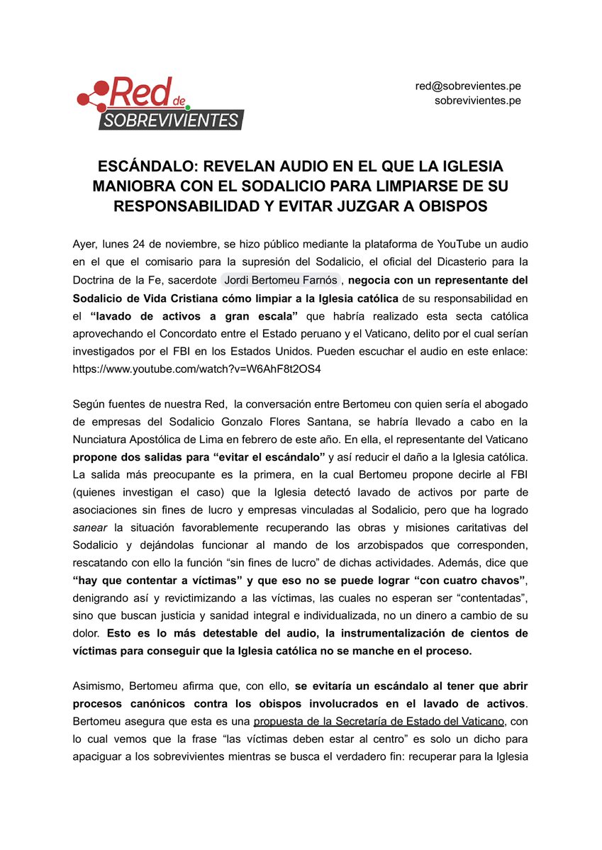 sobrevive_peru's tweet image. ESCÁNDALO: IGLESIA MANIOBRA CON EL SODALICIO PARA LIMPIARSE Y EVITAR JUZGAR A OBISPOS
El comisario para la supresión del Sodalicio, Jordi Bertomeu, negocia con un representante del Sodalicio de Vida Cristiana cómo limpiar a la Iglesia.
sobrevivientes.pe/2025/11/25/esc…