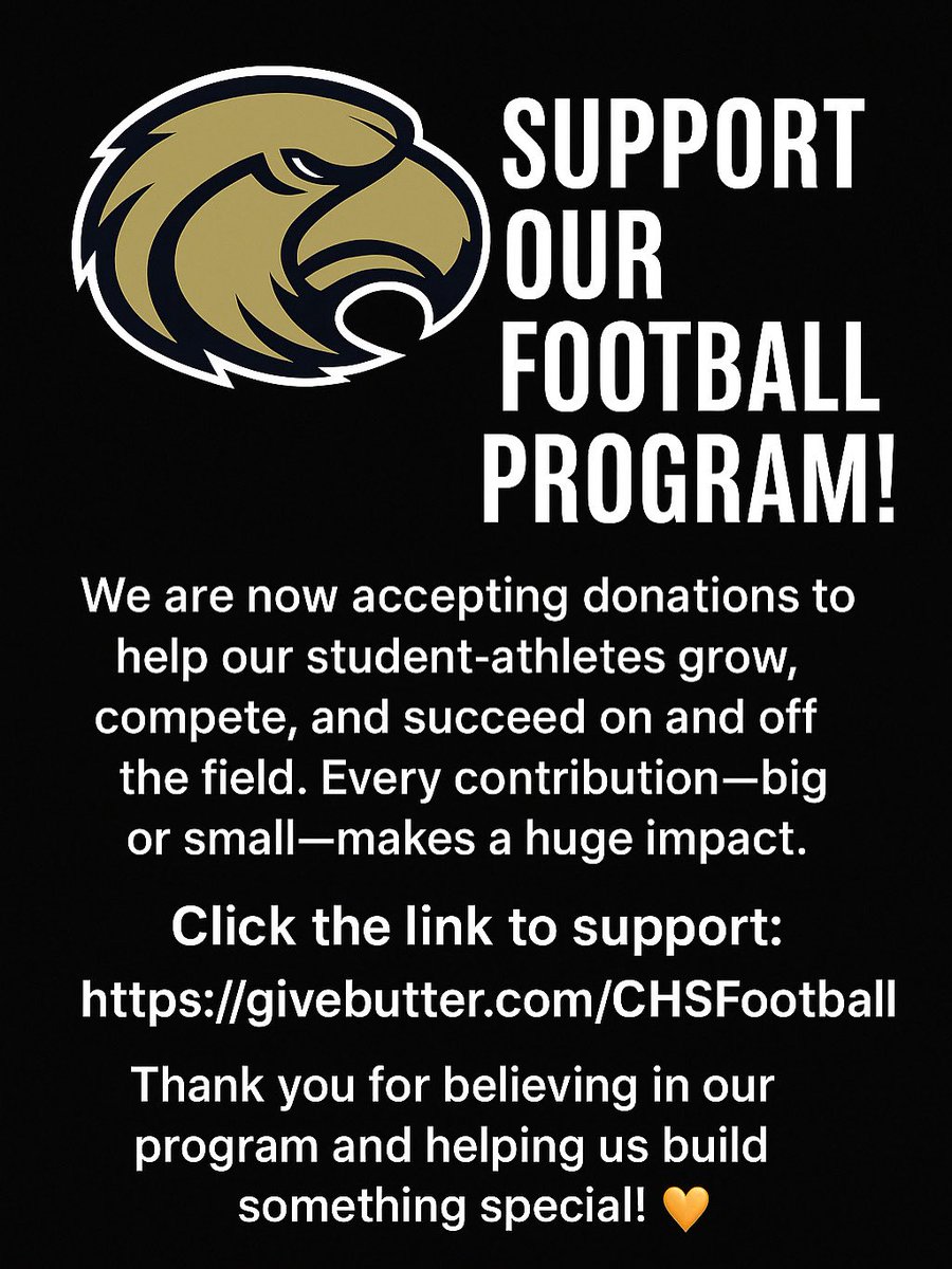 Champions aren’t just made on the field—they’re built through discipline, support, and community.
Please help us pour into these young athletes as they chase growth, purpose, and excellence.

Support Columbia High School Football:
👉 givebutter.com/CHSFootball