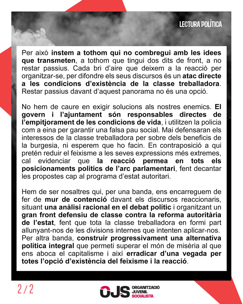OJS_Eixample's tweet image. 📝 Aquí la nostra lectura política:

Hem de construir una alternativa política, oposant-nos a l’auge de posicions reaccionàries i promovent la unitat dels treballadors.

Combatrem la reacció!