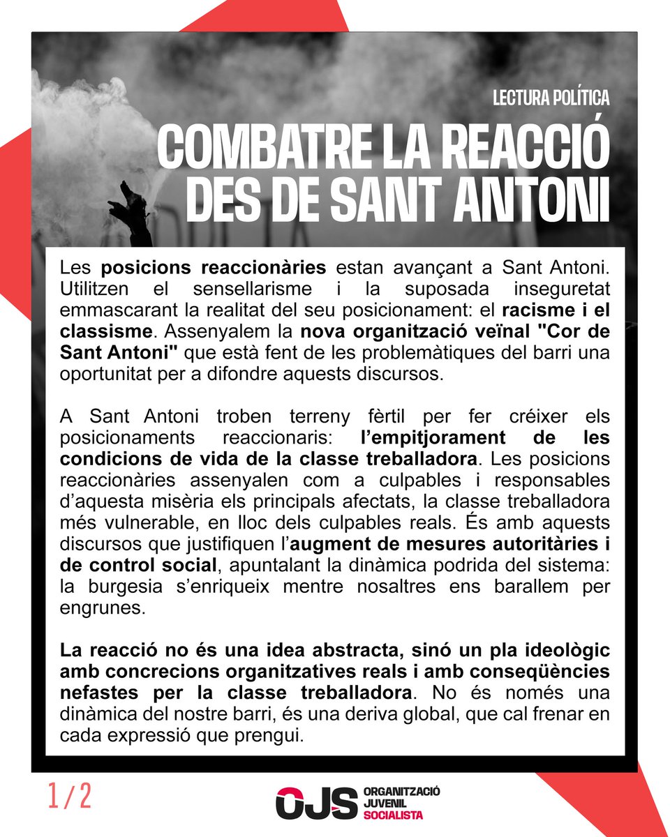 OJS_Eixample's tweet image. 📝 Aquí la nostra lectura política:

Hem de construir una alternativa política, oposant-nos a l’auge de posicions reaccionàries i promovent la unitat dels treballadors.

Combatrem la reacció!