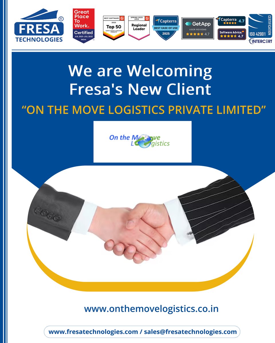 fresatechnology's tweet image. 🎉We are Welcoming Fresa&apos;s New Client🚀
&quot;On The Move Logistics Private Limited&quot;

For more queries please visit below link 👇
fresatechnologies.com/about-us/servi…

#Fresa #Freightsolutions #Freightforwarding #Import #FresaGold #ERPSoftware #G2Awards #SoftwareRecognition #CustomerSatisfaction